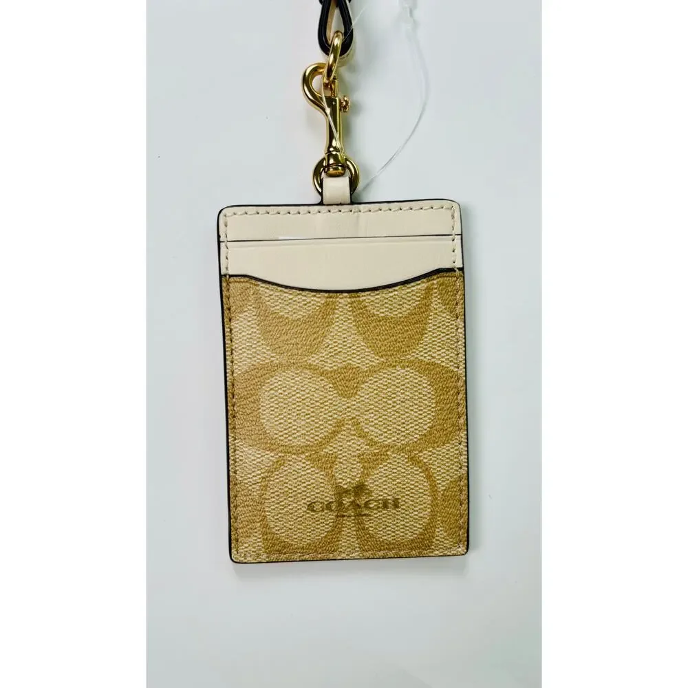 Coach Lanyard Signature Logo ID Holder NWT Coated Canvas with Leather Details